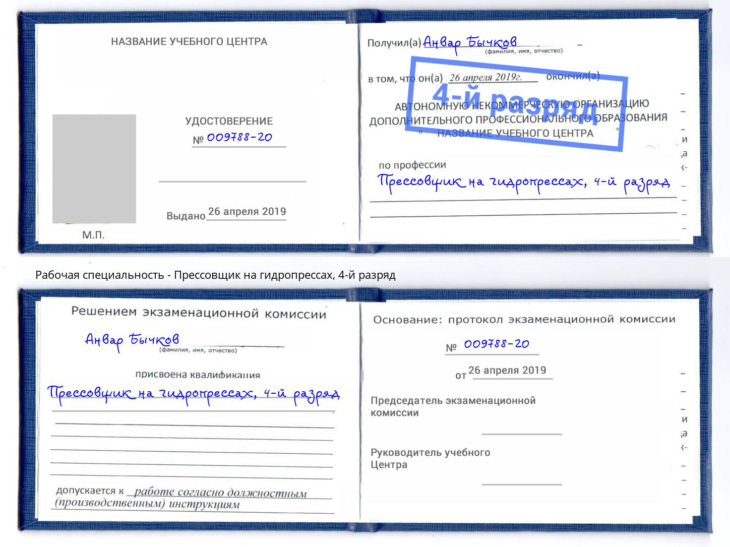 корочка 4-й разряд Прессовщик на гидропрессах Людиново