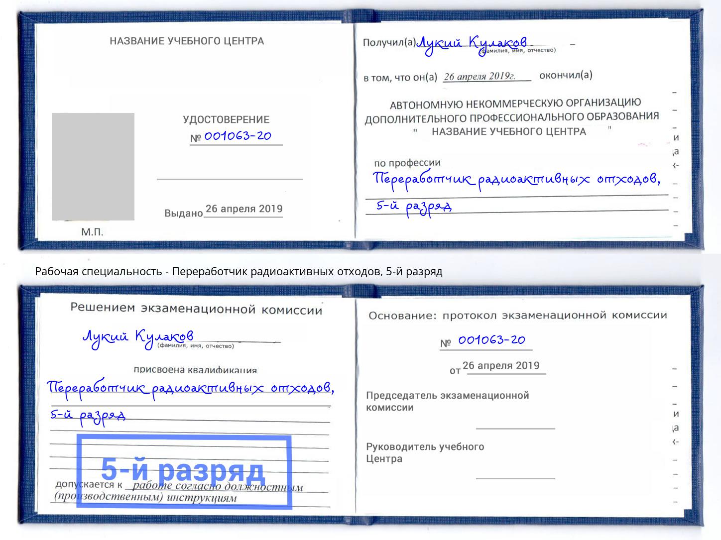 корочка 5-й разряд Переработчик радиоактивных отходов Людиново