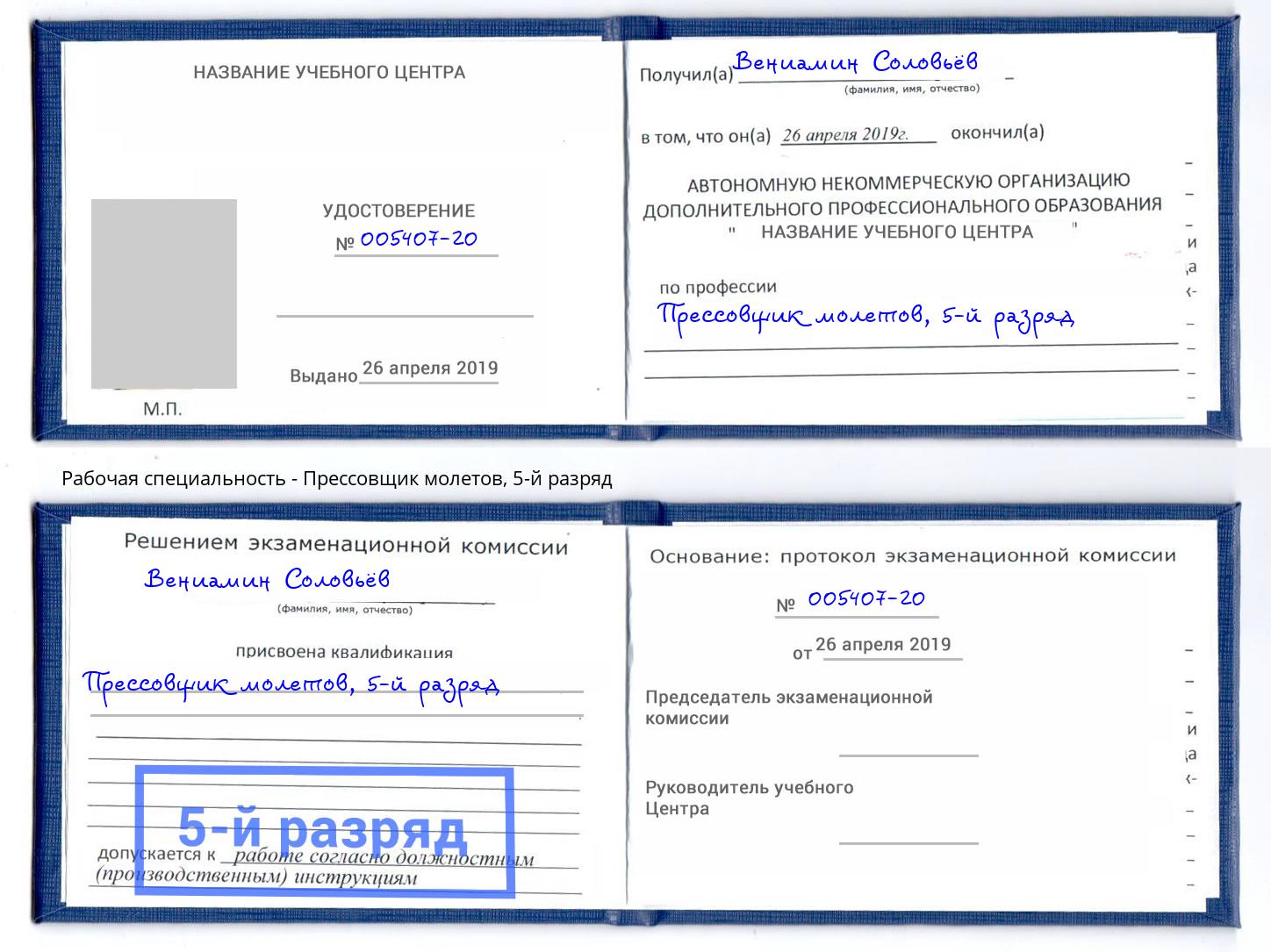 корочка 5-й разряд Прессовщик молетов Людиново