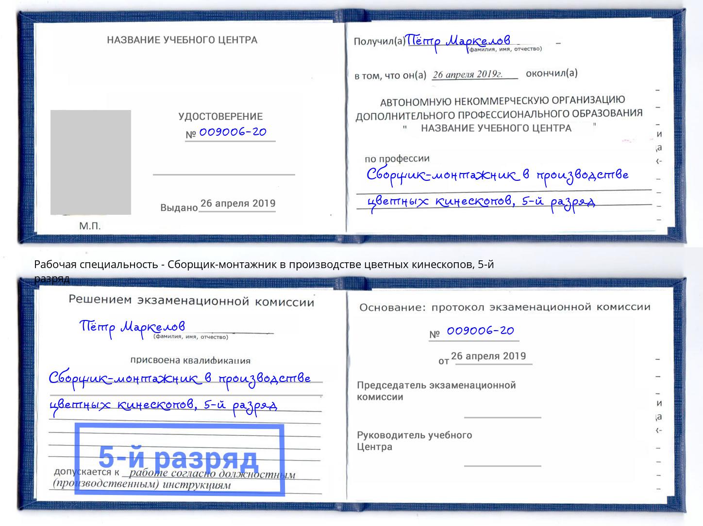 корочка 5-й разряд Сборщик-монтажник в производстве цветных кинескопов Людиново