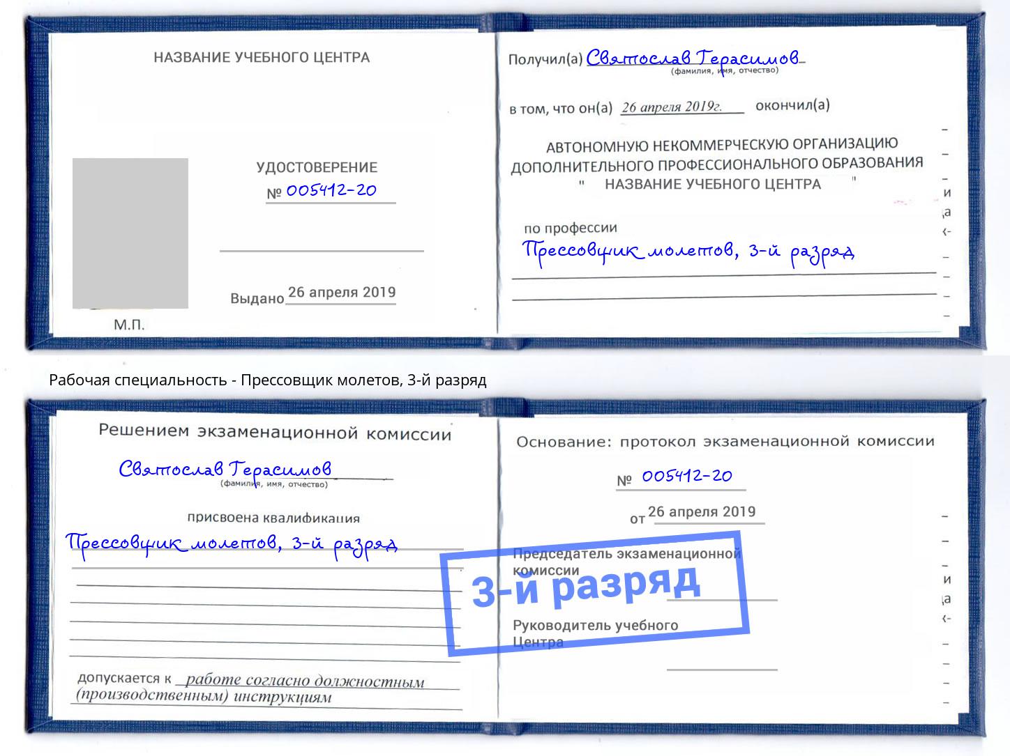 корочка 3-й разряд Прессовщик молетов Людиново