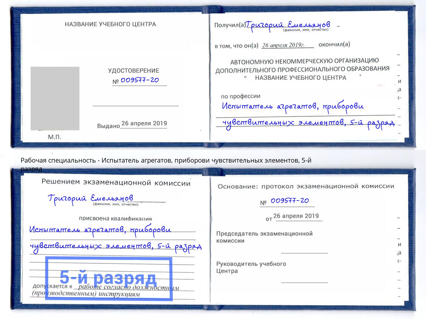 корочка 5-й разряд Испытатель агрегатов, приборови чувствительных элементов Людиново