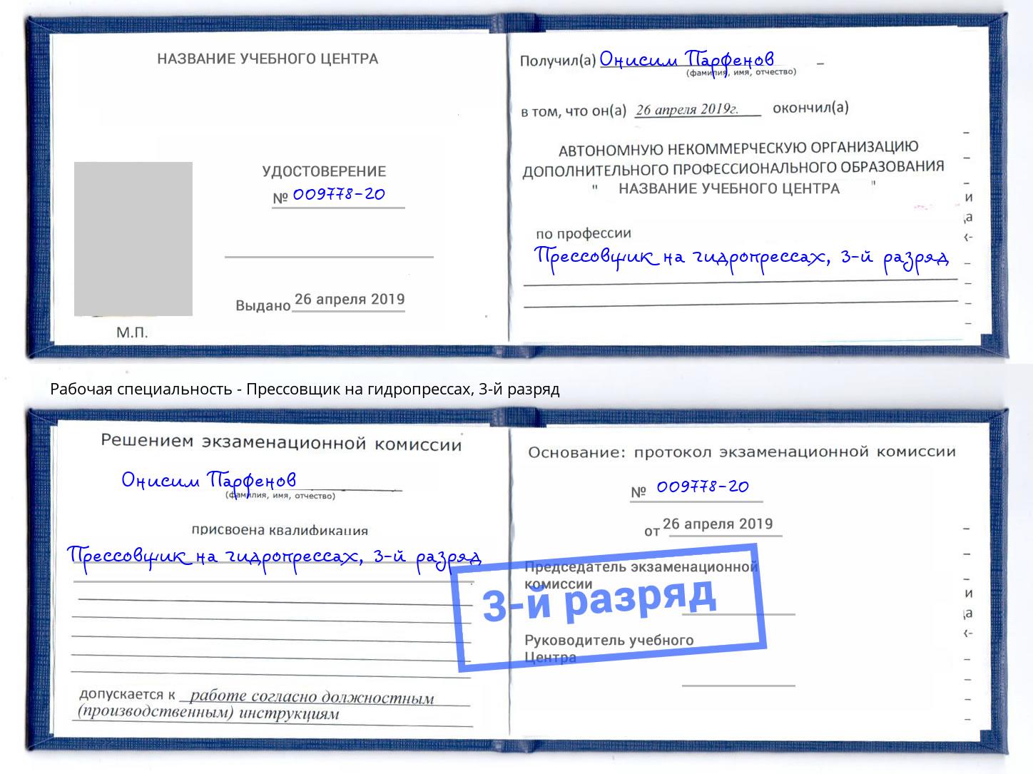 корочка 3-й разряд Прессовщик на гидропрессах Людиново