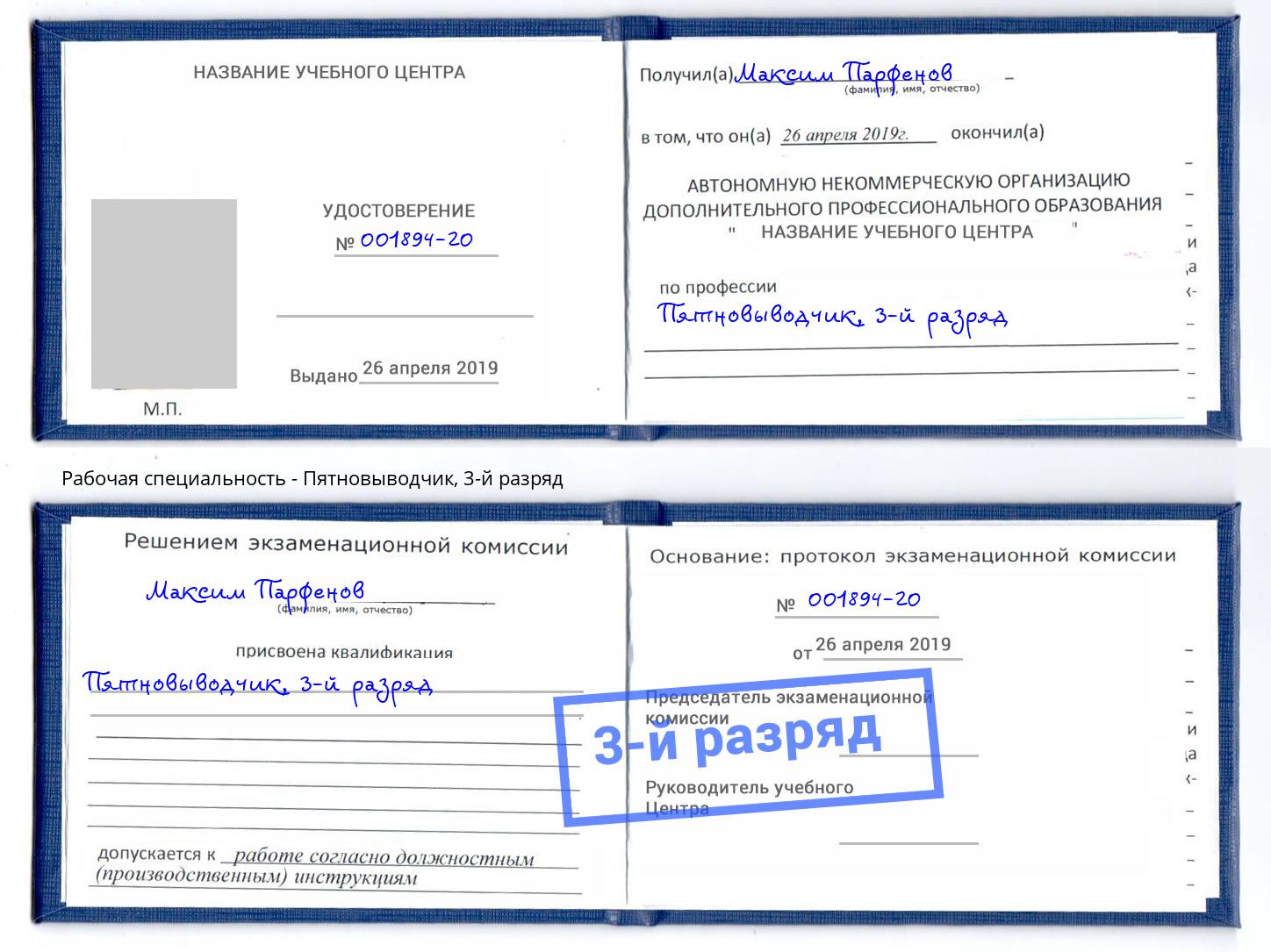 корочка 3-й разряд Пятновыводчик Людиново