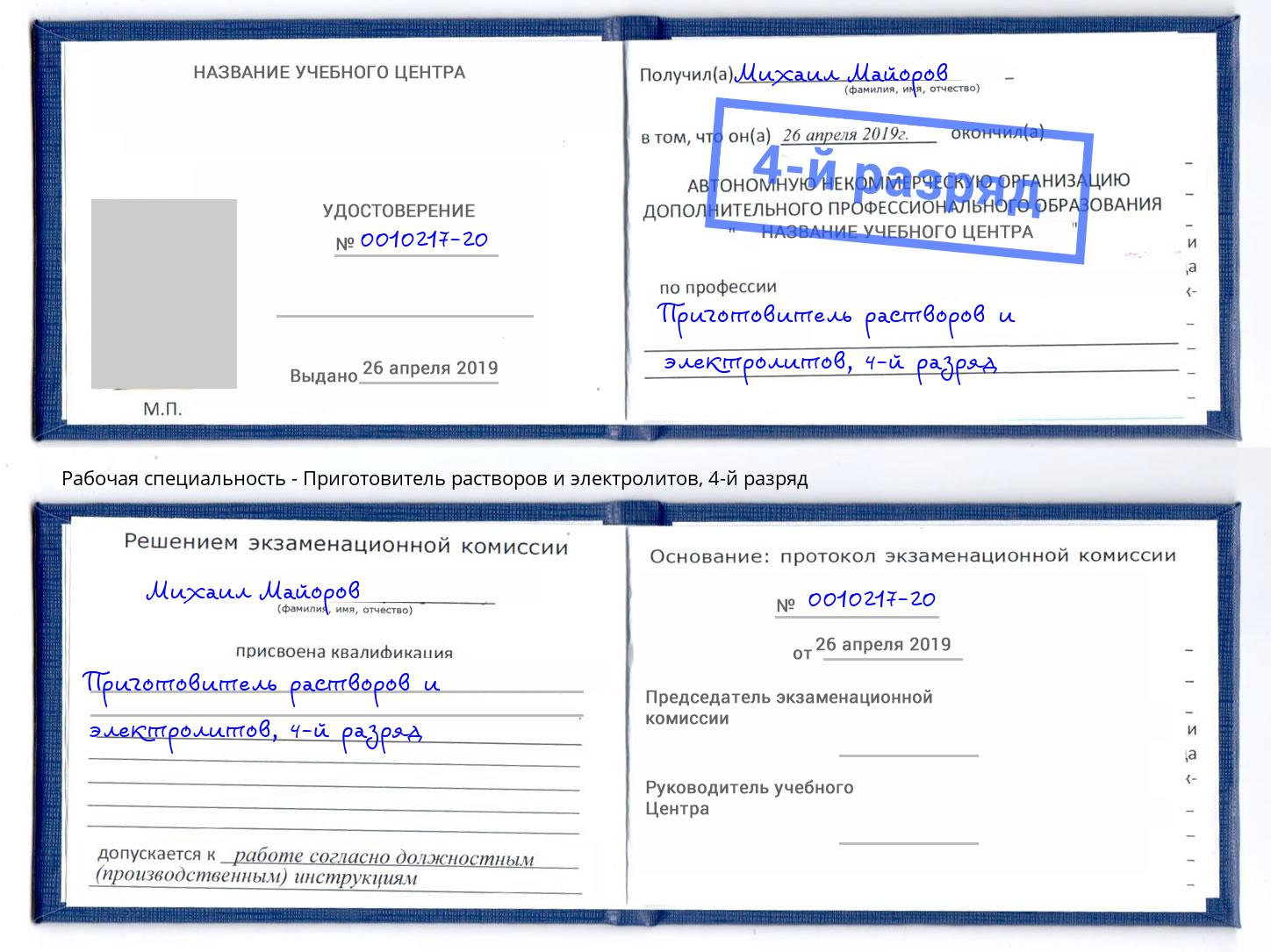 корочка 4-й разряд Приготовитель растворов и электролитов Людиново