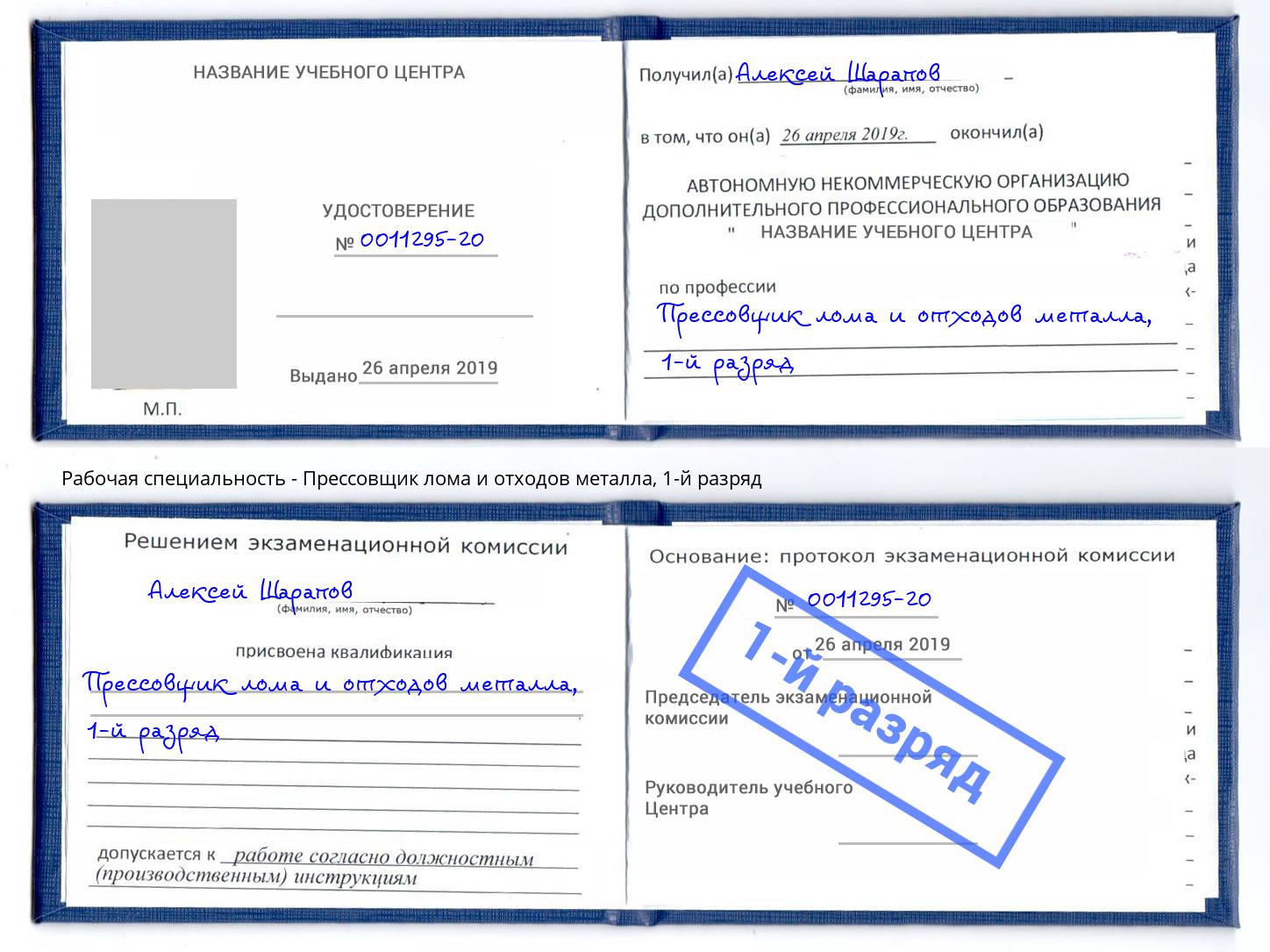 корочка 1-й разряд Прессовщик лома и отходов металла Людиново