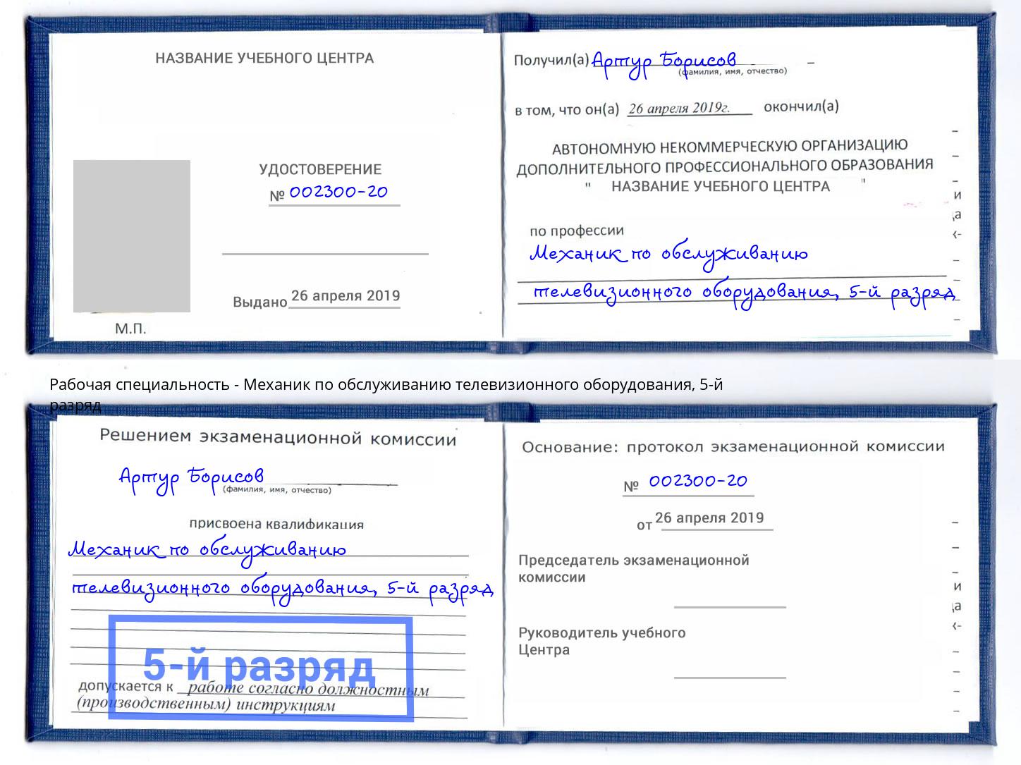 корочка 5-й разряд Механик по обслуживанию телевизионного оборудования Людиново