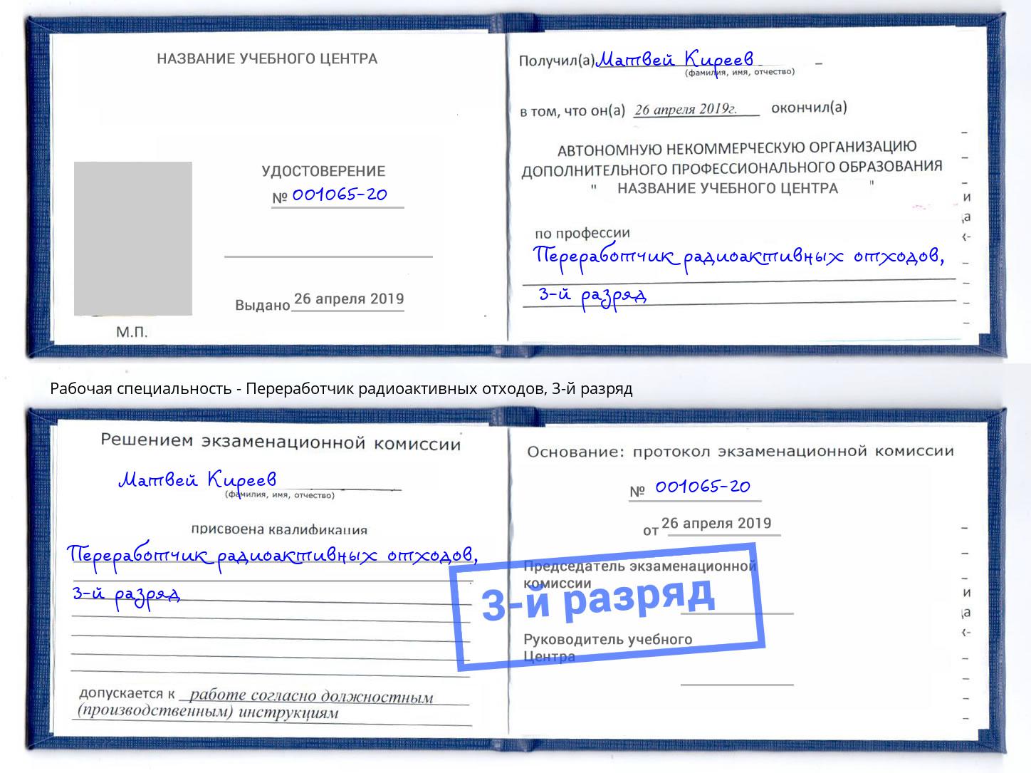корочка 3-й разряд Переработчик радиоактивных отходов Людиново